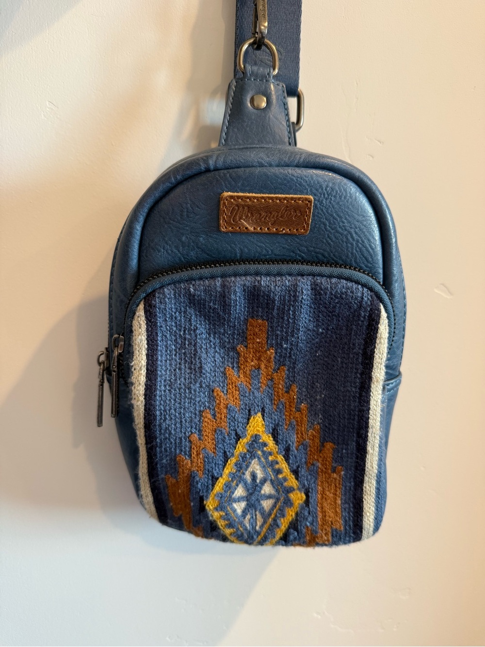 Wrangler Navy Blue Leather Crossbody with Woven Geometric Panel